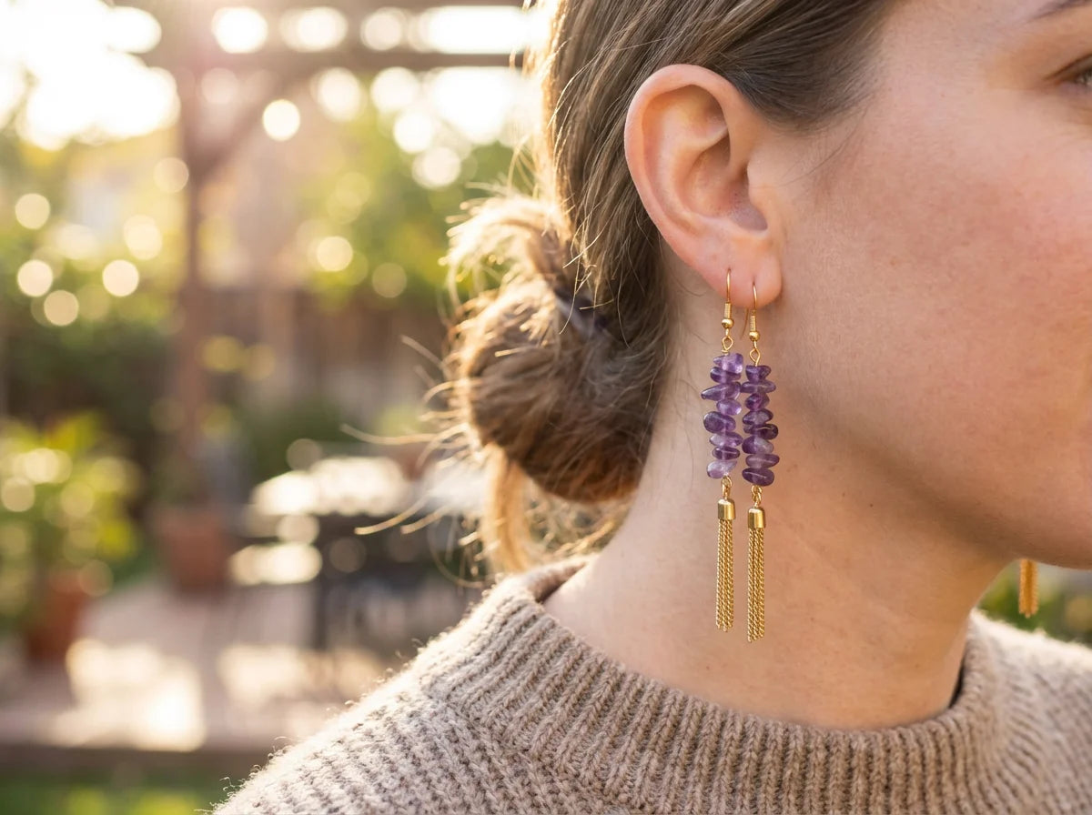 Crystal Tassel Dangle Earrings - Worn Ear Lifestyle Portrait
