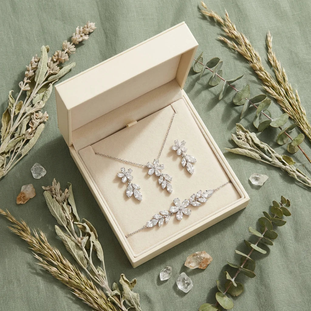 Crystal flower leaf jewelry set luxury gift box flat lay