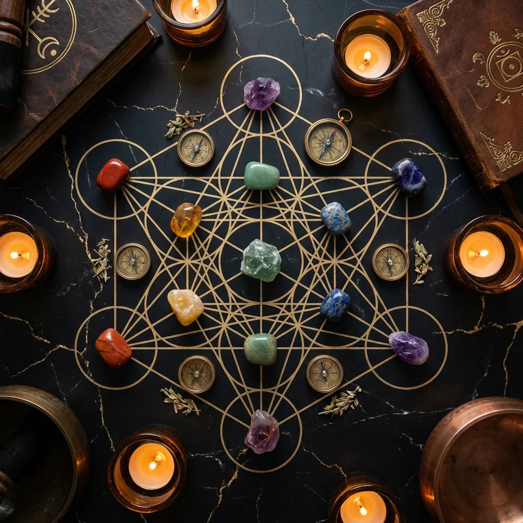 22pcs Chakra Crystal Collection - Sacred Geometry Mandala Flat Lay