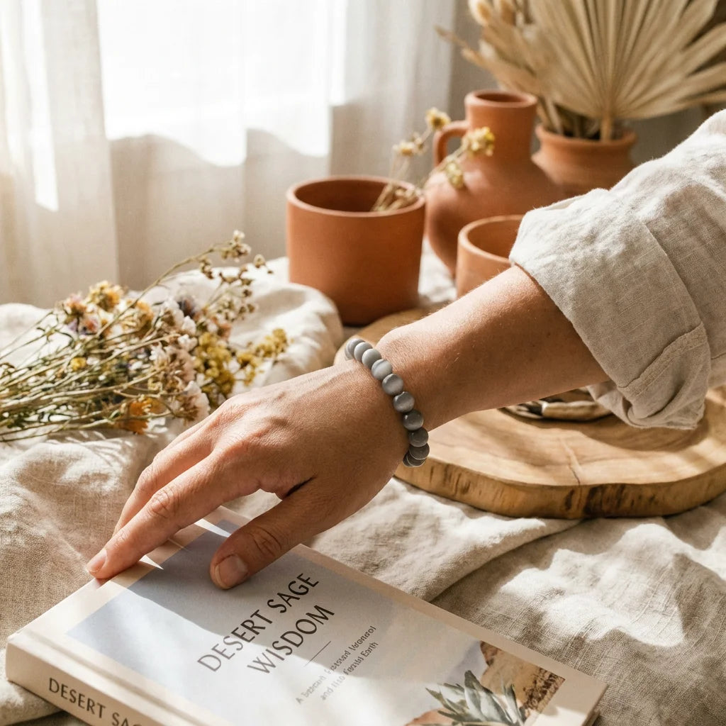 Lifestyle grey cat's eye bracelet worn while reading