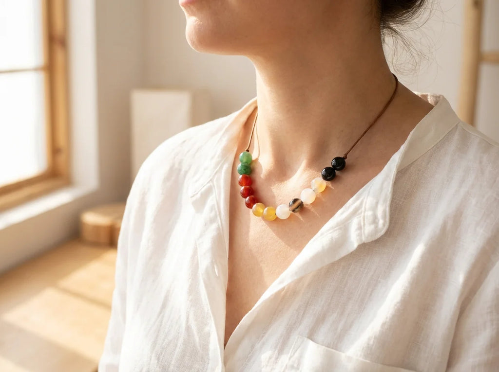 Five Elements Agate Necklace - Worn Neck Lifestyle Shot