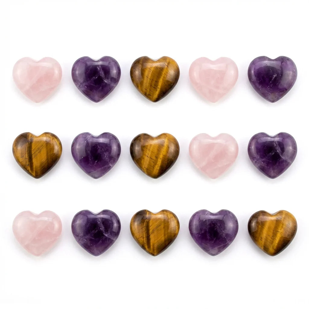 15pcs Mixed Natural Crystal Heart Stones Set - White Background