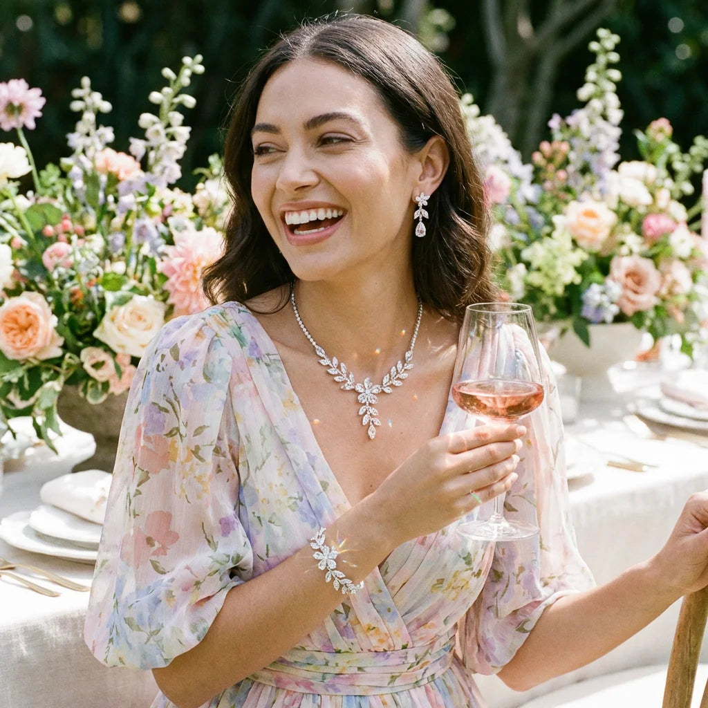 Crystal flower jewelry set lifestyle garden brunch