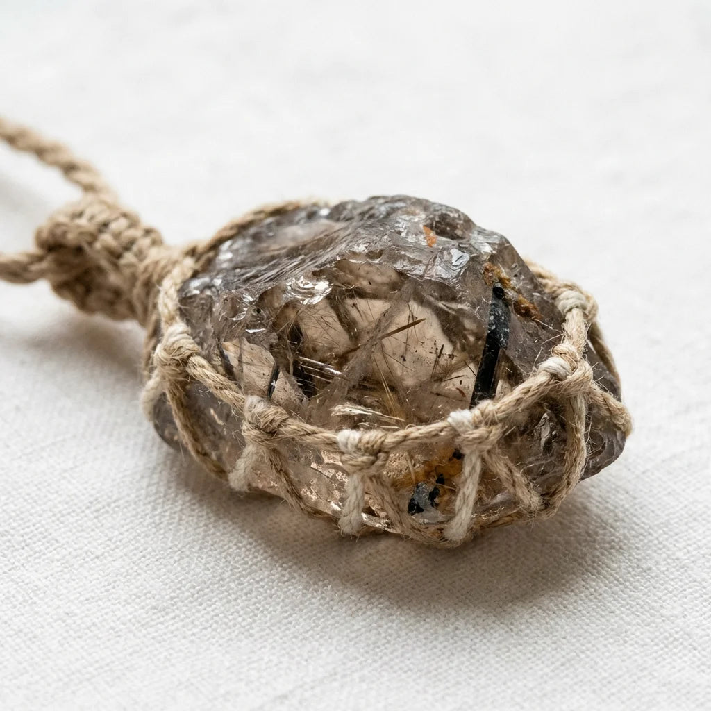 Raw natural crystal stone pendant woven rope macro