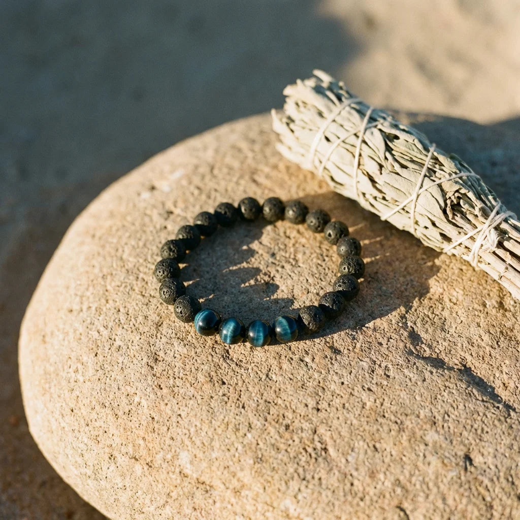 Volcanic bracelet on desert stone golden hour