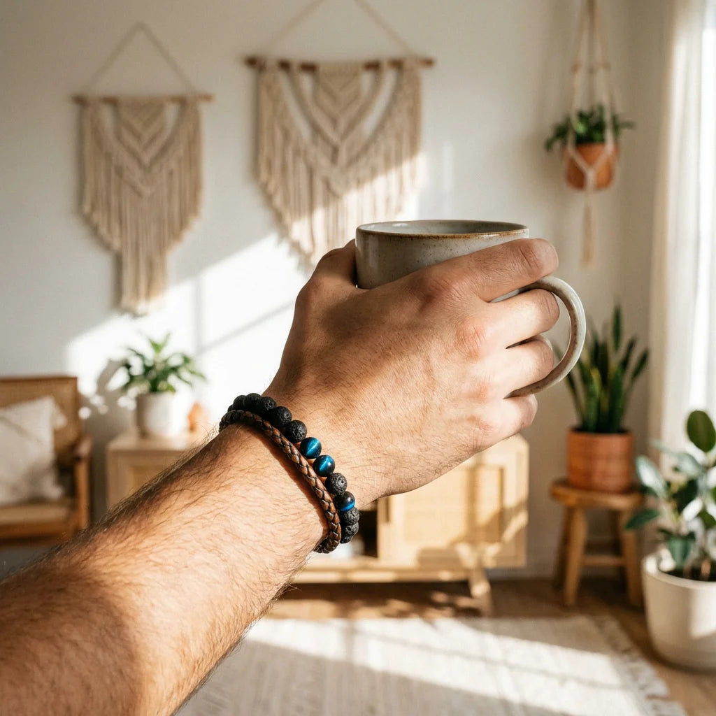 Lifestyle shot of lava rock bracelet on wrist
