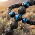 Lava rock and blue tiger eye bracelet macro close-up