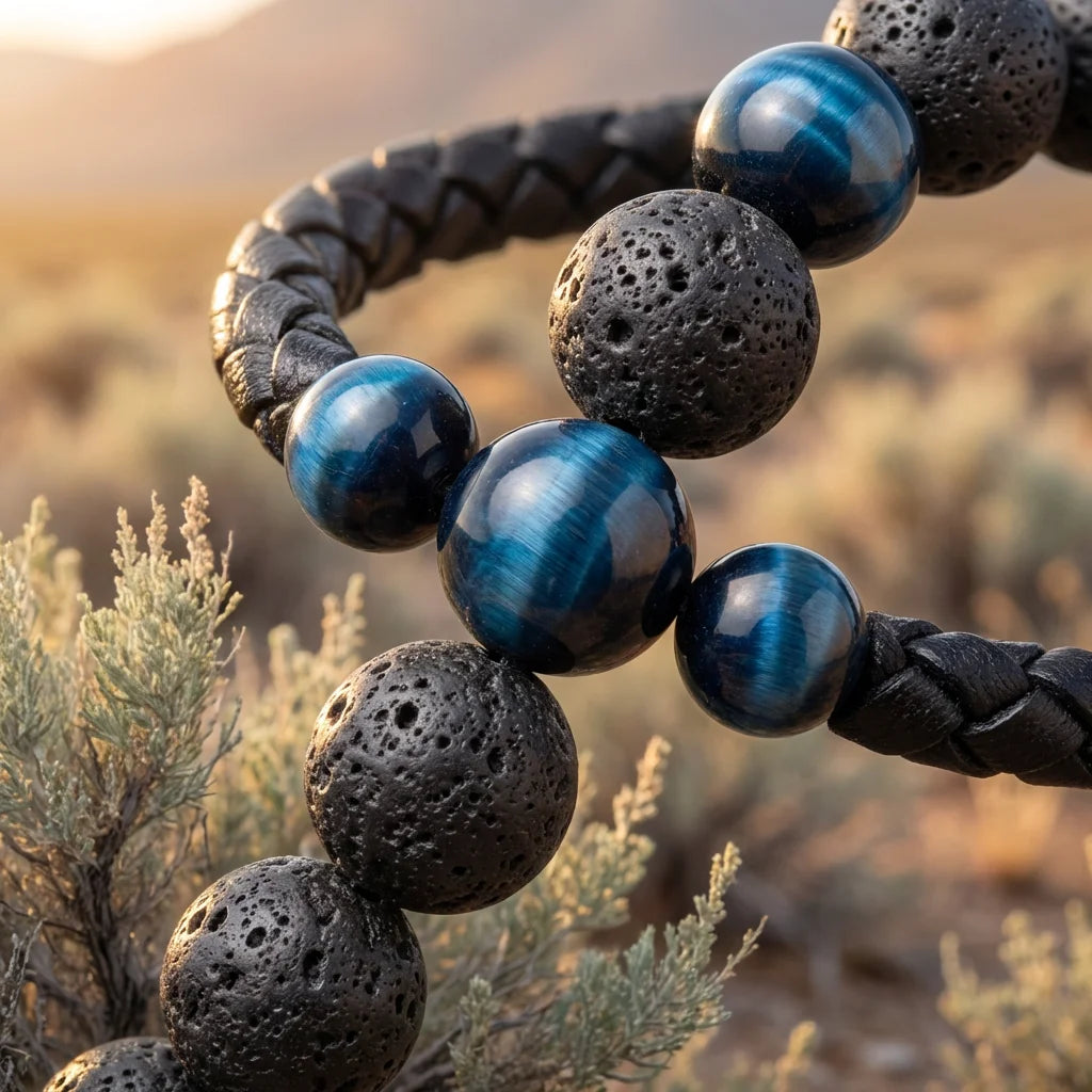 Lava rock and blue tiger eye bracelet macro close-up