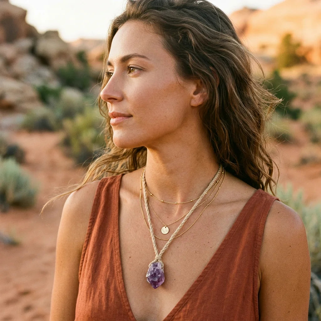 Raw crystal pendant lifestyle shot golden hour desert