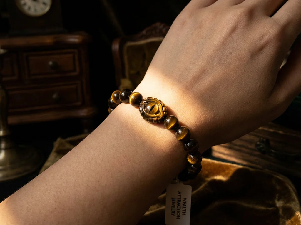 Dragon Eye Tiger Eye Bracelet - Cat Eye Effect Wrist Close-up