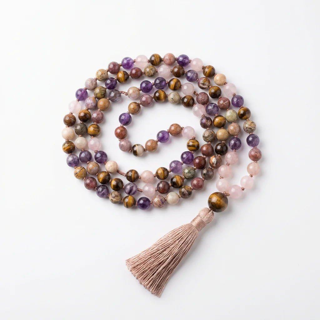 108 Mala Beads Necklace - Natural Gemstone White Background